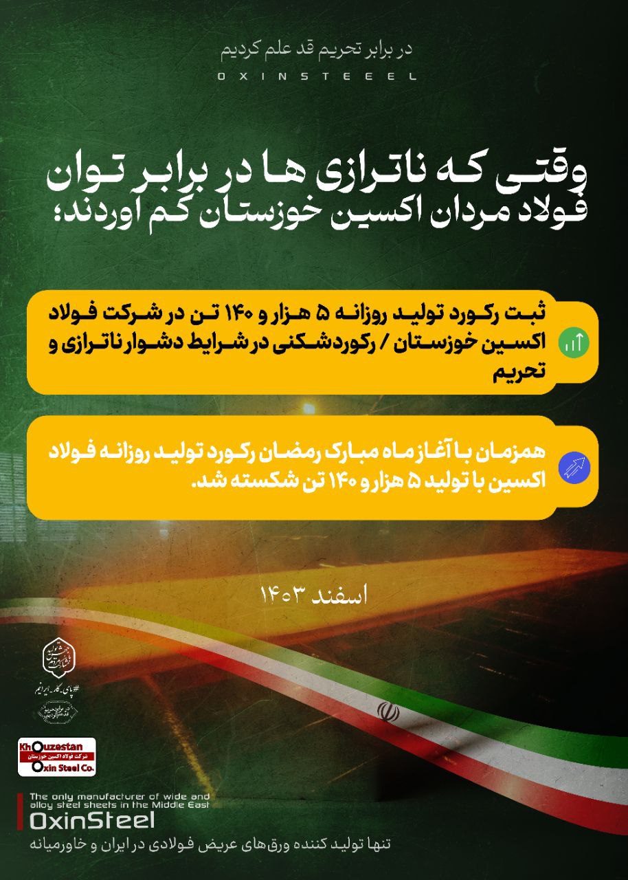 ثبت رکورد تولید روزانه ۵ هزار و ۱۴۰ تن در شرکت فولاد اکسین خوزستان 2 اکسین
