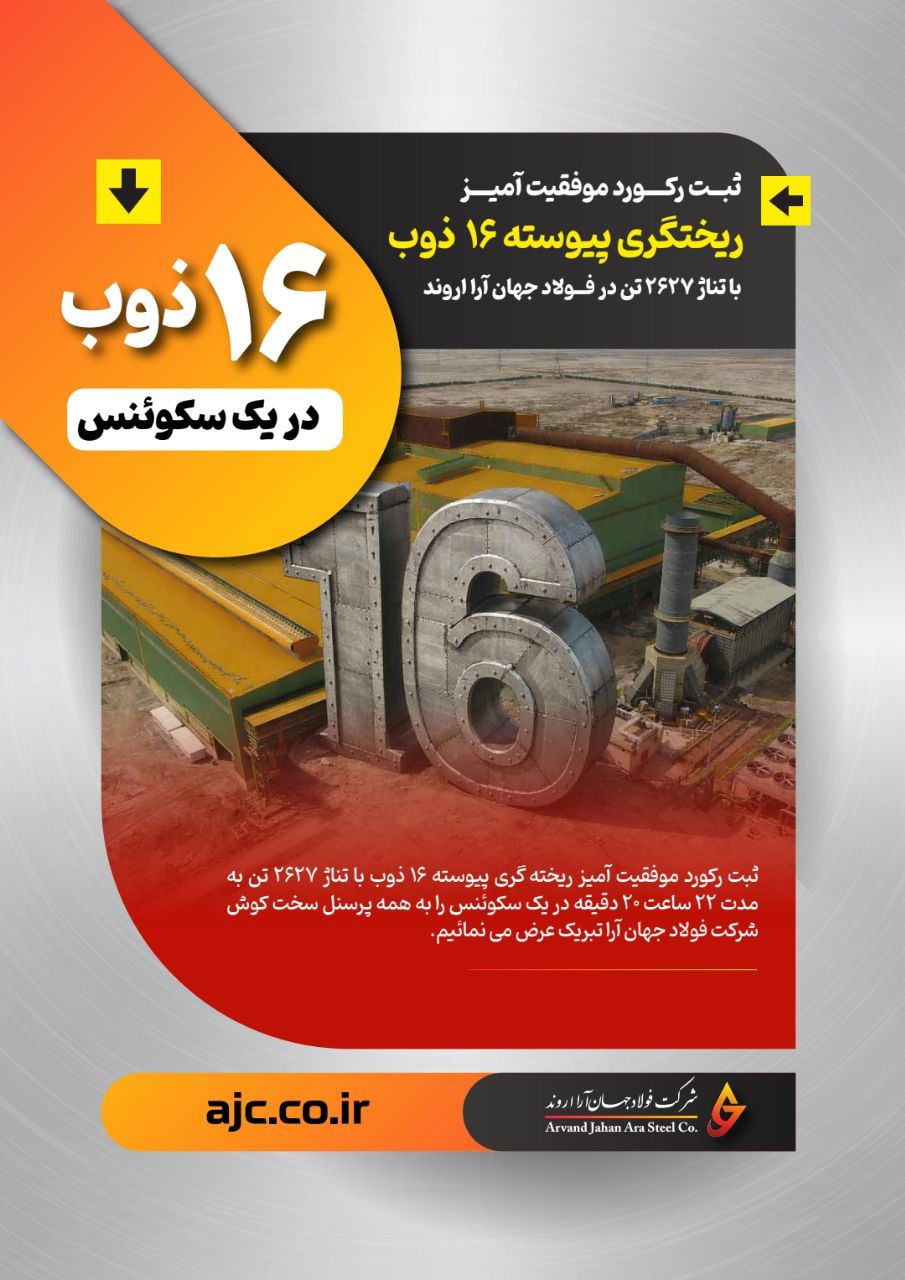 رکورد جدید ذوب در فولاد جهانآرا با ۱۶ ذوب در یک سکوئنس 2 ذوب
